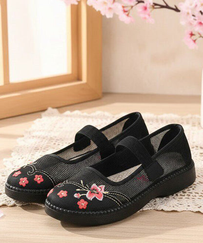 Retro Red Embroidered Tulle Fabric Flat Shoes Lace Up Flat Shoes For Women