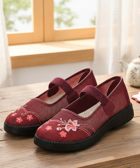 Retro Red Embroidered Tulle Fabric Flat Shoes Lace Up Flat Shoes For Women