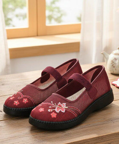 Retro Red Embroidered Tulle Fabric Flat Shoes Lace Up Flat Shoes For Women