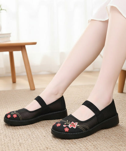 Retro Red Embroidered Tulle Fabric Flat Shoes Lace Up Flat Shoes For Women