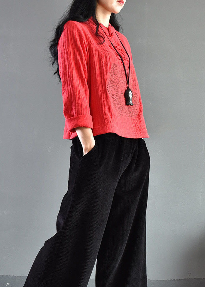 Retro Rot Bestickt Chinesischen Knopf Patchwork Leinenhemden Frühling