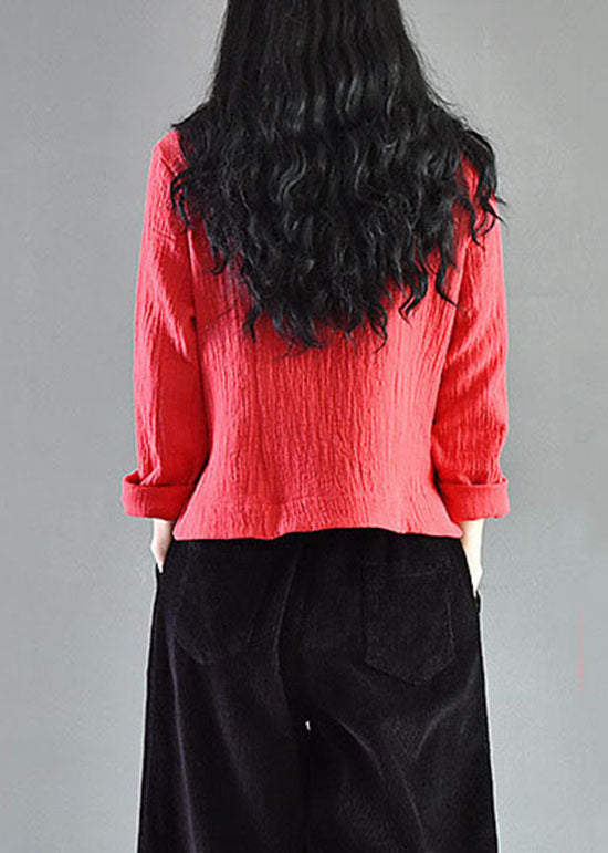 Retro Rot Bestickt Chinesischen Knopf Patchwork Leinenhemden Frühling