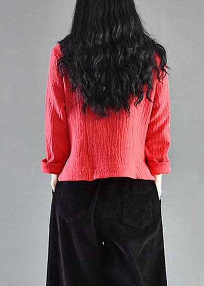 Retro Rot Bestickt Chinesischen Knopf Patchwork Leinenhemden Frühling