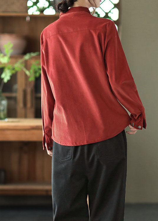 Retro Rot Bestickt Patchwork Cord Hemd Tops Frühling