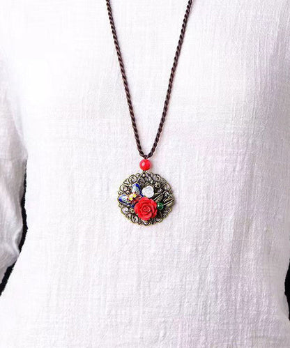 Retro Red Floral Butterfly Hollow Out Metal Pendant Necklace
