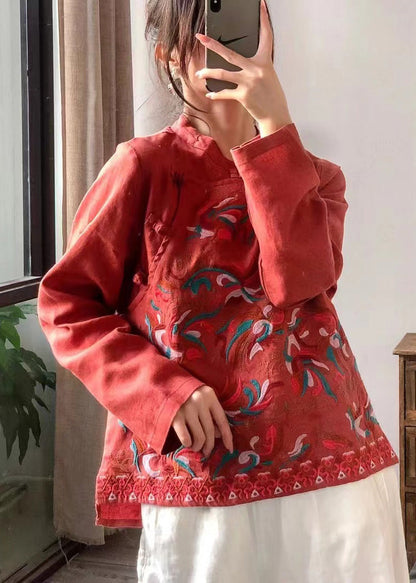 Retro Rotes Stehkragen Besticktes Leinenhemd Langarm
