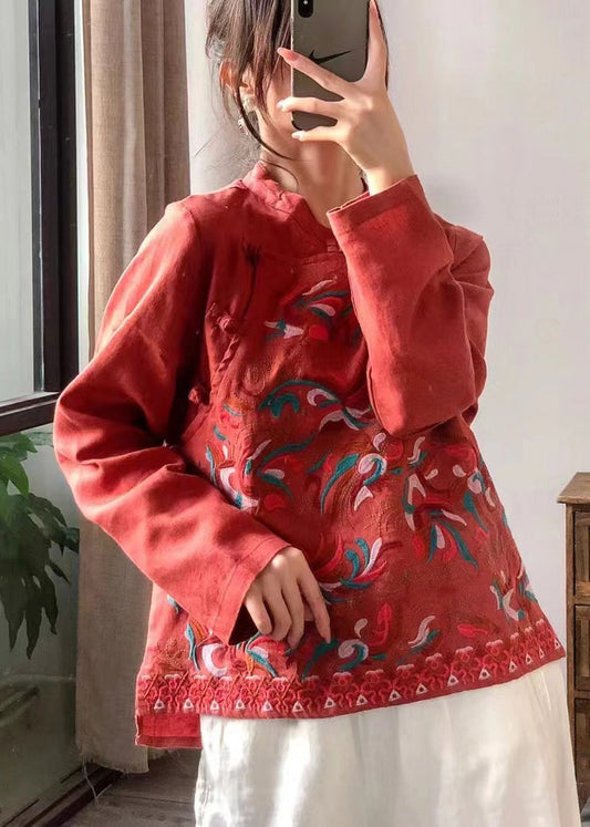 Retro Rotes Stehkragen Besticktes Leinenhemd Langarm