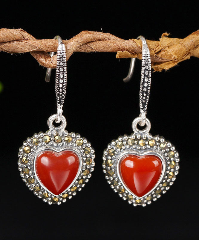 Pendientes colgantes retro de plata de ley roja con ágata y circonita