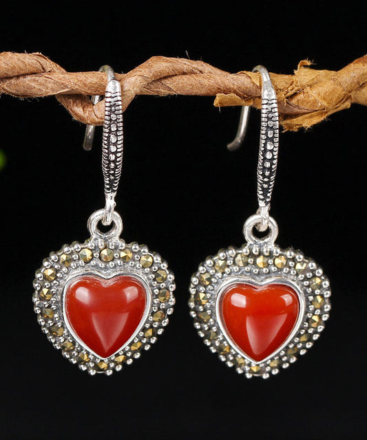Pendientes colgantes retro de plata de ley roja con ágata y circonita