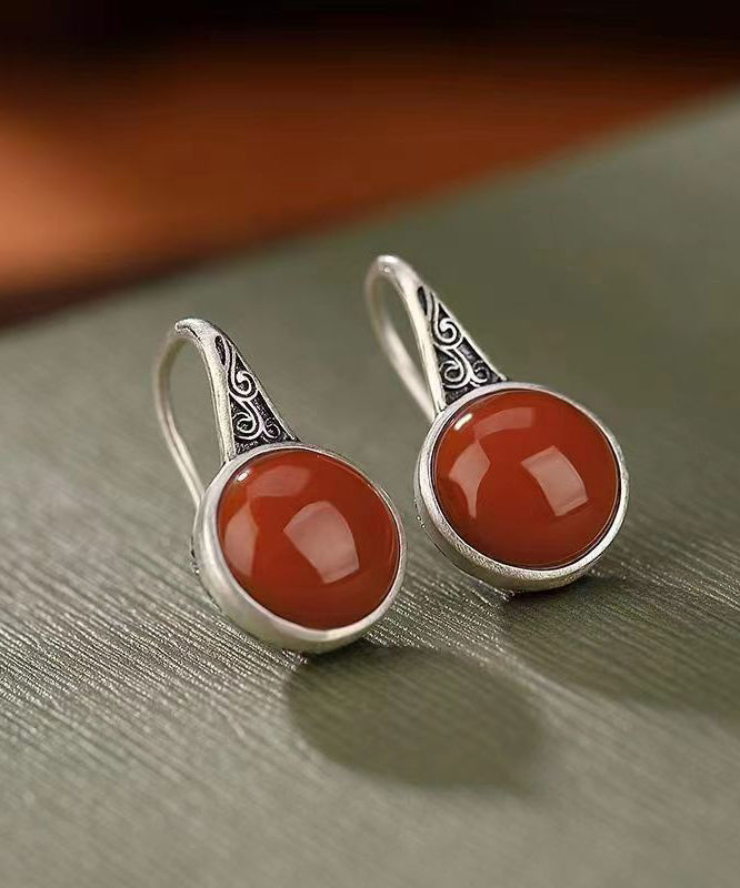 Pendientes colgantes retro de ágata roja de plata de ley con nubes auspiciosas.