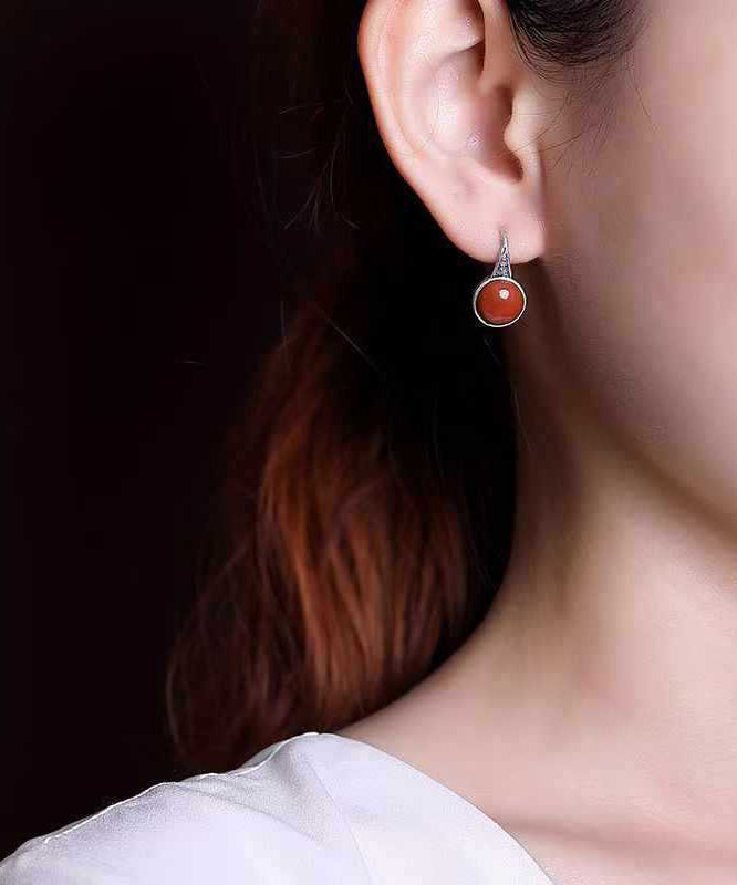 Pendientes colgantes retro de ágata roja de plata de ley con nubes auspiciosas.