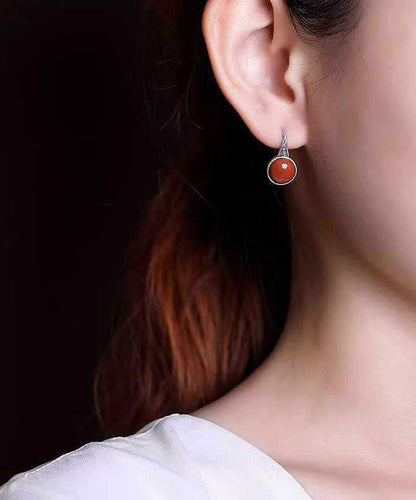 Pendientes colgantes retro de ágata roja de plata de ley con nubes auspiciosas.