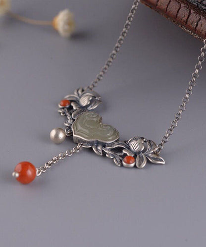 Retro-Halskette mit Anhänger aus rotem Sterlingsilber mit Jade-Achat und Pfingstrose