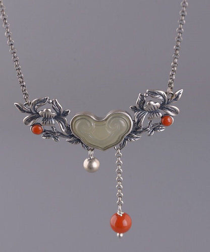 Retro-Halskette mit Anhänger aus rotem Sterlingsilber mit Jade-Achat und Pfingstrose