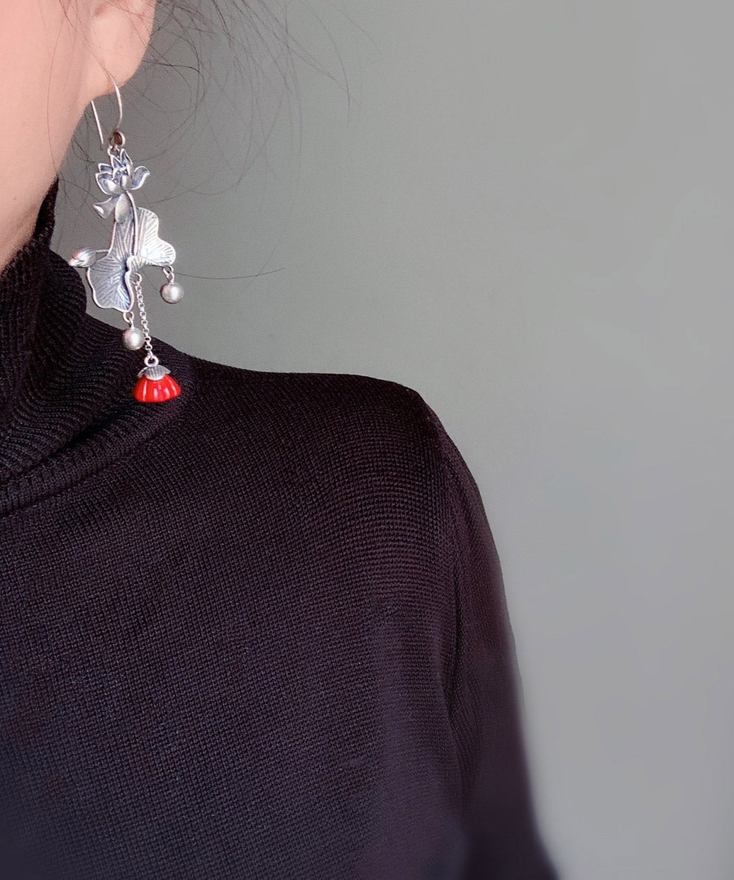 Retro Rote Sterling Silber Lotus Quaste Tropfen Ohrringe