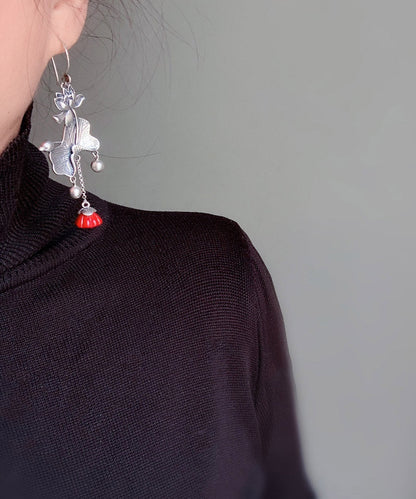 Retro Rote Sterling Silber Lotus Quaste Tropfen Ohrringe