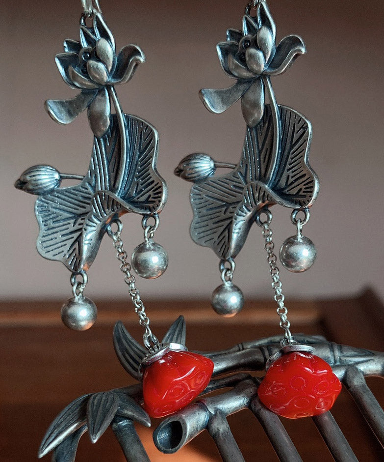 Retro Rote Sterling Silber Lotus Quaste Tropfen Ohrringe