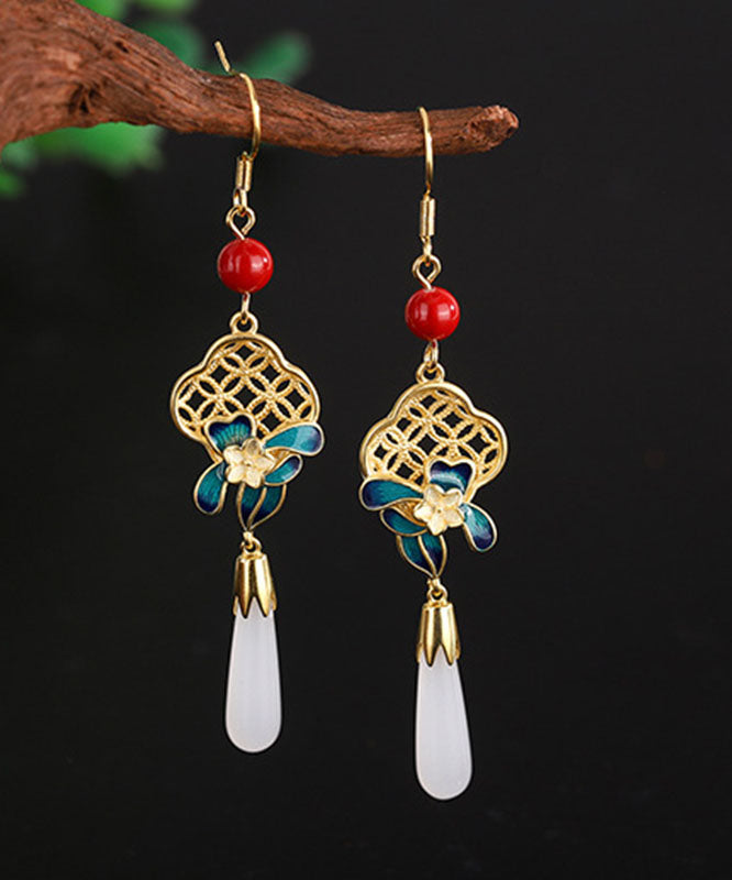 Pendientes colgantes de plata de ley roja retro con esmalte de ágata dorada