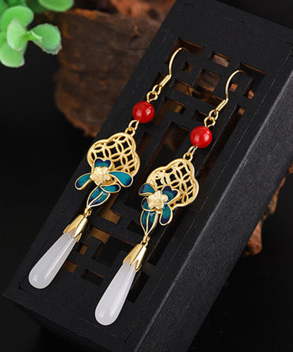 Pendientes colgantes de plata de ley roja retro con esmalte de ágata dorada