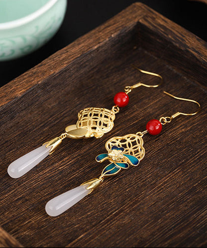 Pendientes colgantes de plata de ley roja retro con esmalte de ágata dorada