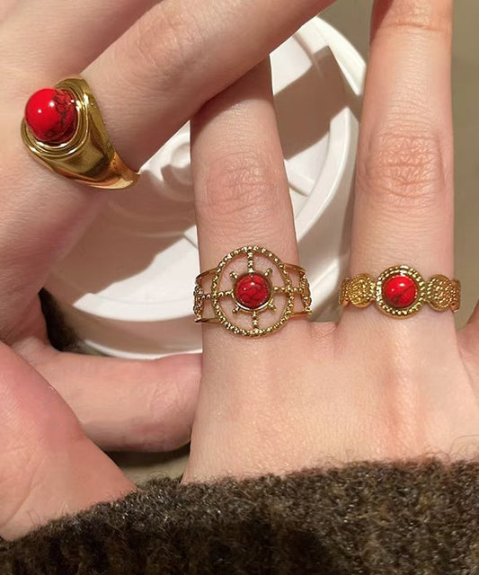 Retro Red Sterling Silver Overgild Hollow Out Agate Rings Two Piece Set