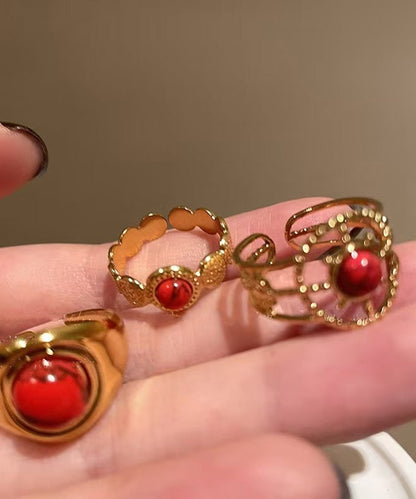 Retro Red Sterling Silver Overgild Hollow Out Agate Rings Two Piece Set