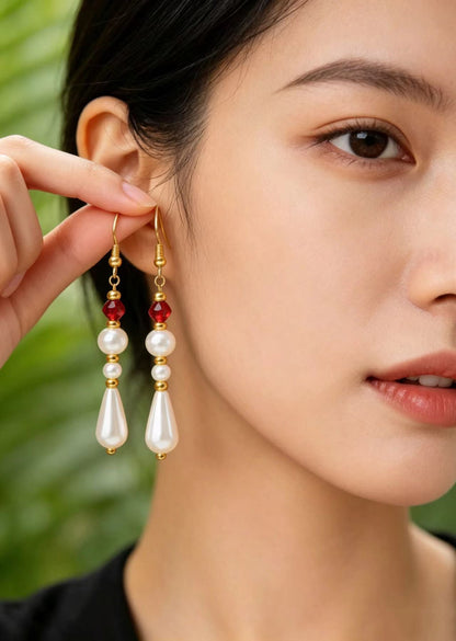 Retro Red Tasseled Fine Pearl Ethnic Style Long Drop Earrings