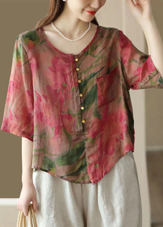 Retro Rose O Neck Asymmetrische Print Leinen Top Sommer