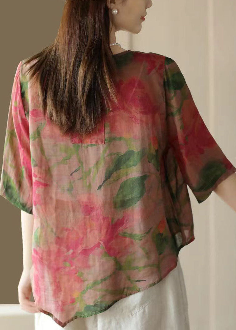 Retro Rose O Neck Asymmetrische Print Leinen Top Sommer