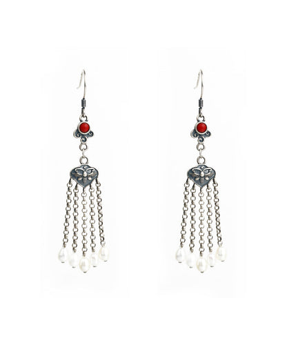 Retro Silk Sterling Silver Agate Pearl Tassel Drop Earrings