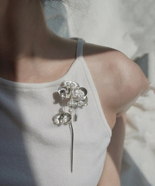 Retro-Broschen aus Seide und Sterlingsilber mit Schmetterlings- und Orchideenmotiv