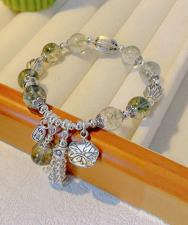 Retro Seide Sterling Silber Kristall Perlen Lotus Quaste Charm Armband