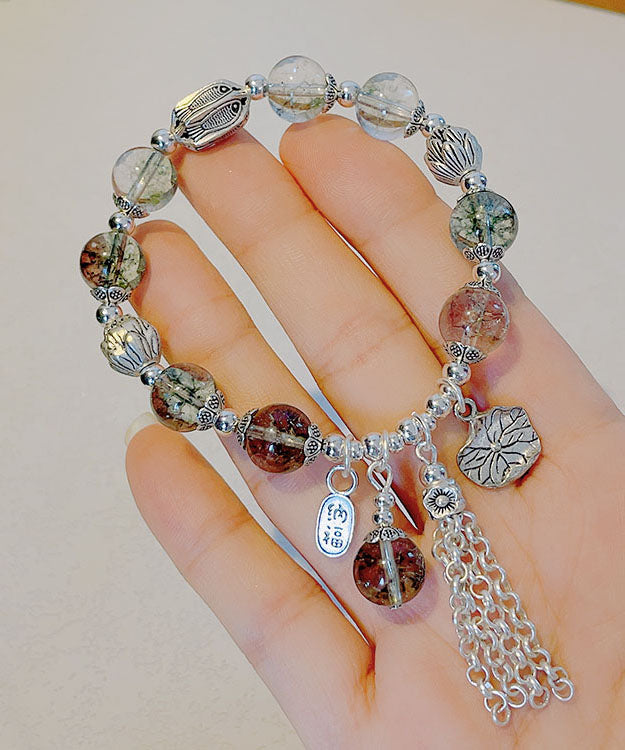 Retro Seide Sterling Silber Kristall Perlen Lotus Quaste Charm Armband