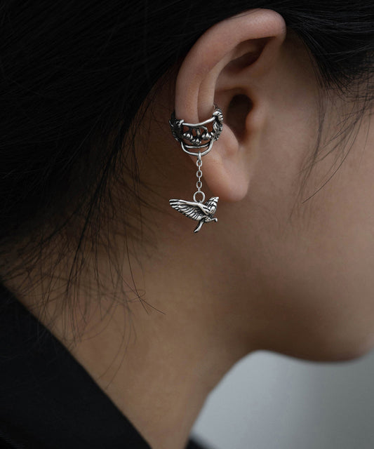Retro Silk Sterling Silver Floral Flying Bird Hollow Out Tassel Single One Drop Earrings