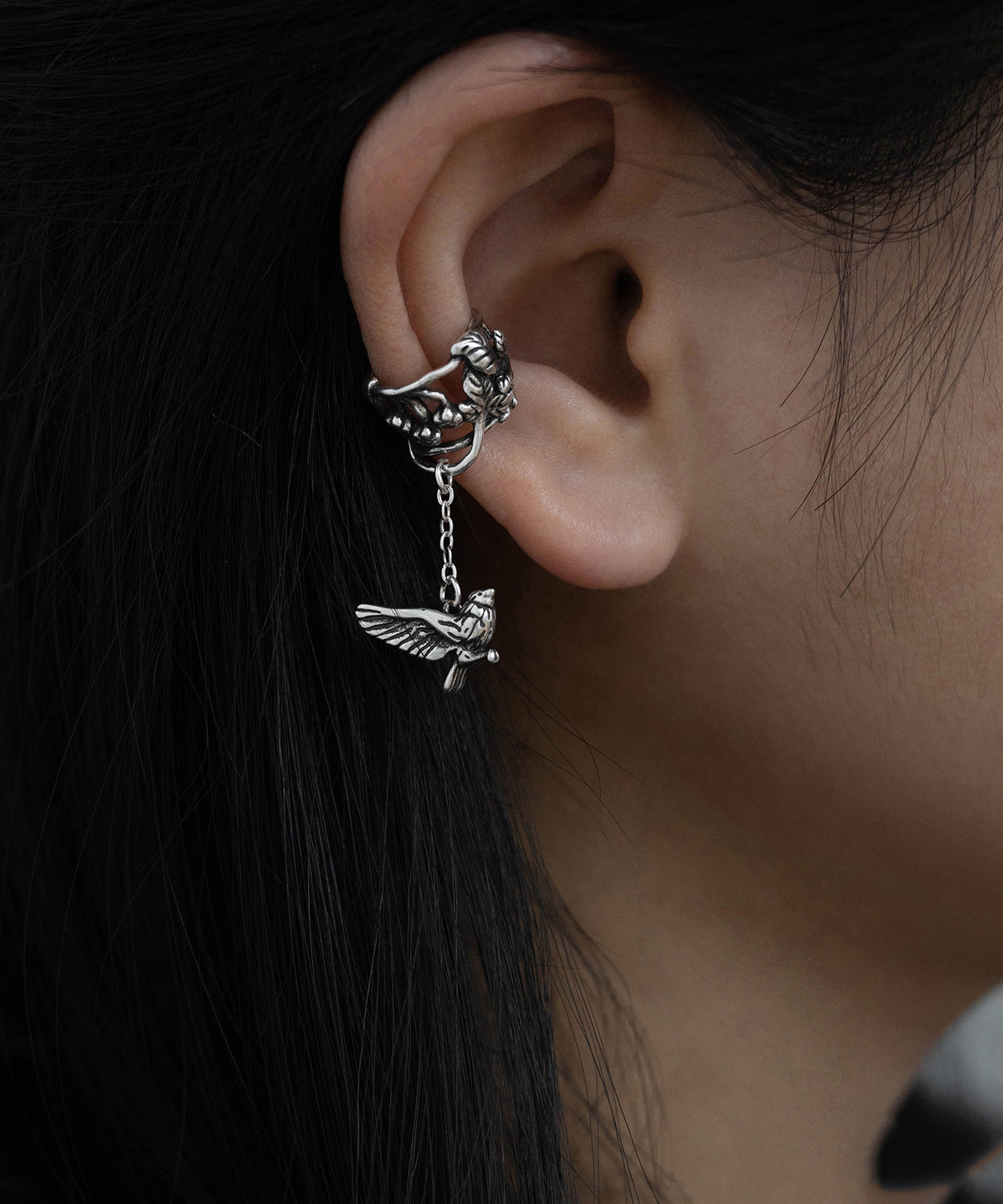 Retro Silk Sterling Silver Floral Flying Bird Hollow Out Tassel Single One Drop Earrings