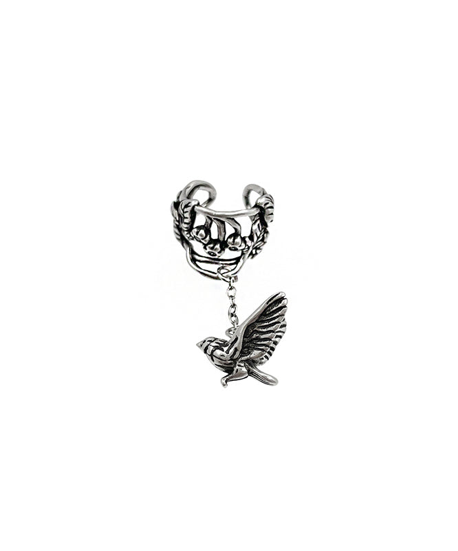 Retro Silk Sterling Silver Floral Flying Bird Hollow Out Tassel Single One Drop Earrings