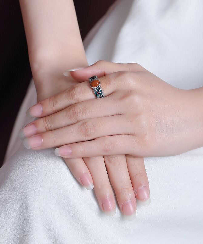 Retro-Seidenringe aus Sterlingsilber mit Achat-Einlage und floralen Mustern