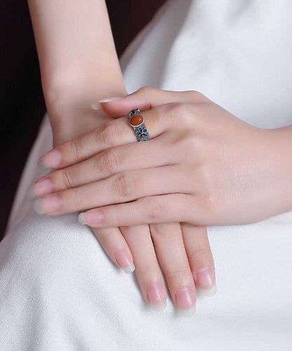 Retro-Seidenringe aus Sterlingsilber mit Achat-Einlage und floralen Mustern