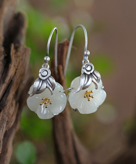 Pendientes colgantes de jade con incrustaciones florales de plata de ley y seda retro