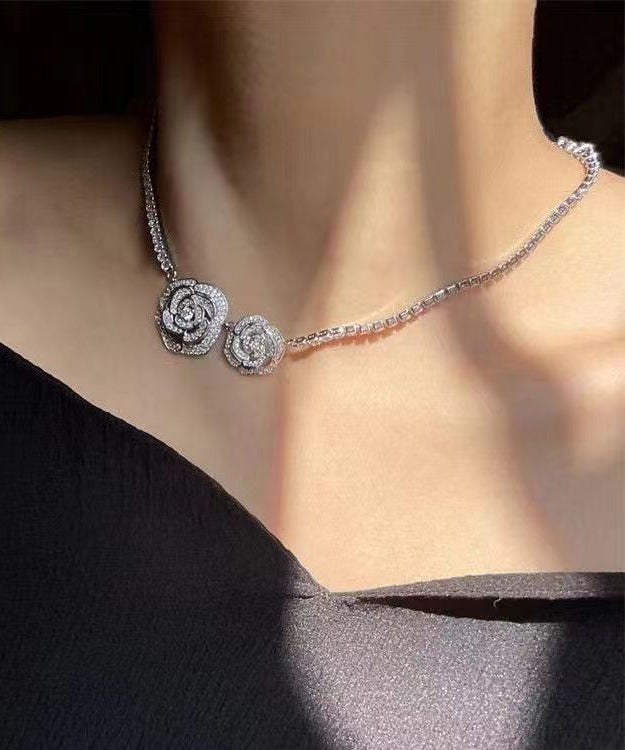 Collar de princesa floral con circonitas y plata de ley de seda retro