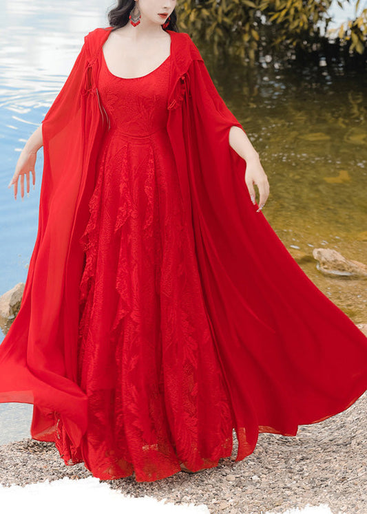 Zweiteiliges Set aus Chiffon-Cape und Kleid im Retro-Urlaubsstil mit roter Kapuze