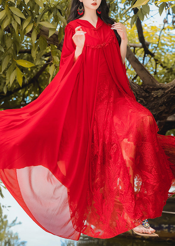 Retro Vacation Style Chiffon Hooded Red Cape And Dress Two-Piece Set