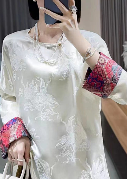 Retro Weiß O Neck Jacquard Seide Blusen Langarm