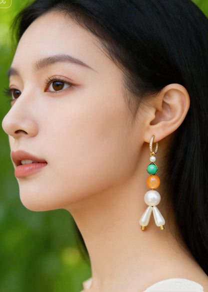 Retro White Pearl Fine Turquoise Oriental Drop Earrings