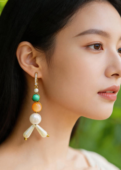 Retro White Pearl Fine Turquoise Oriental Drop Earrings