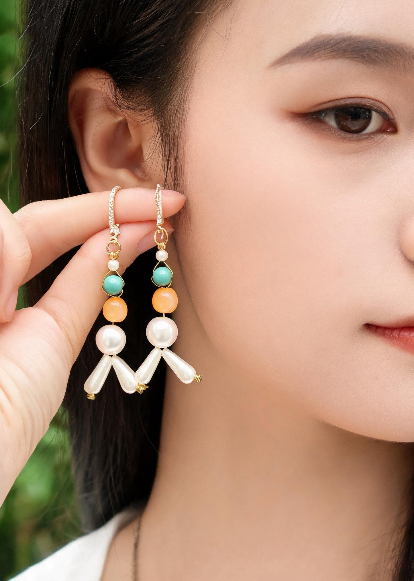 Retro White Pearl Fine Turquoise Oriental Drop Earrings