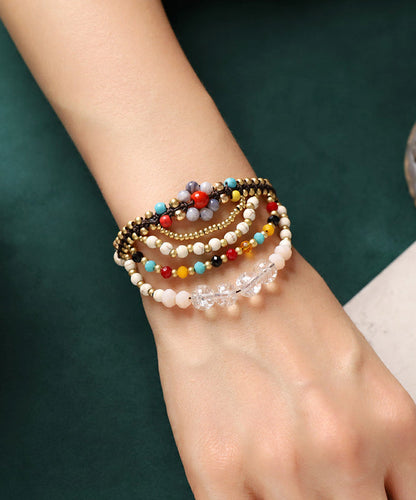 Retro White Waxed Cord Turquoise Agate Layered Chain Bracelet
