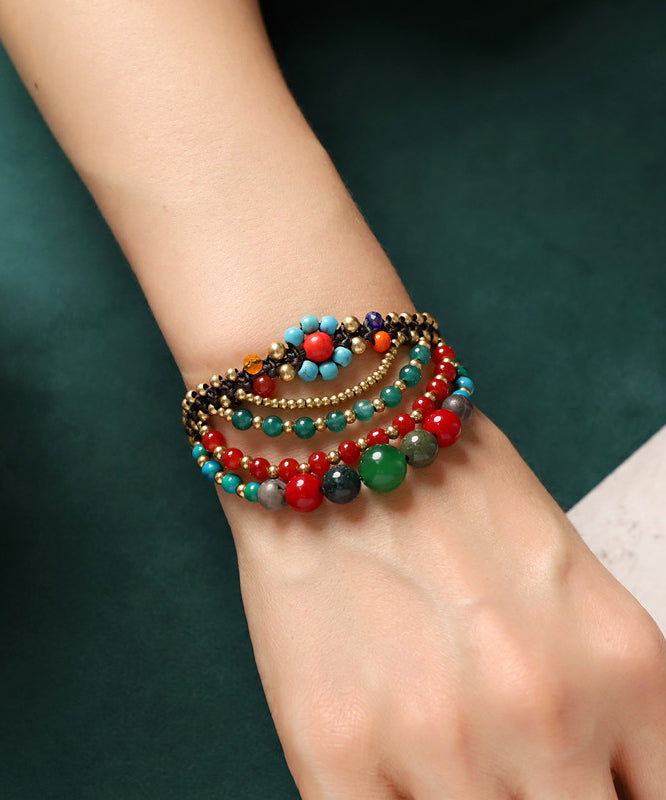 Retro White Waxed Cord Turquoise Agate Layered Chain Bracelet