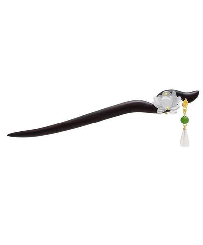 Horquilla de madera blanca retro con borla de perla de loto dorada