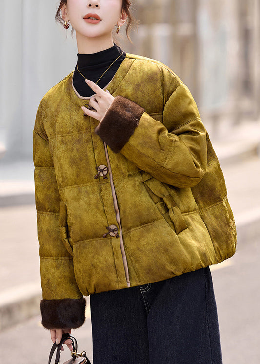 Retro-Winterjacke aus gelber Natur mit Rundhalsausschnitt, Taschen und Patchwork-Design, Daunenfüllung